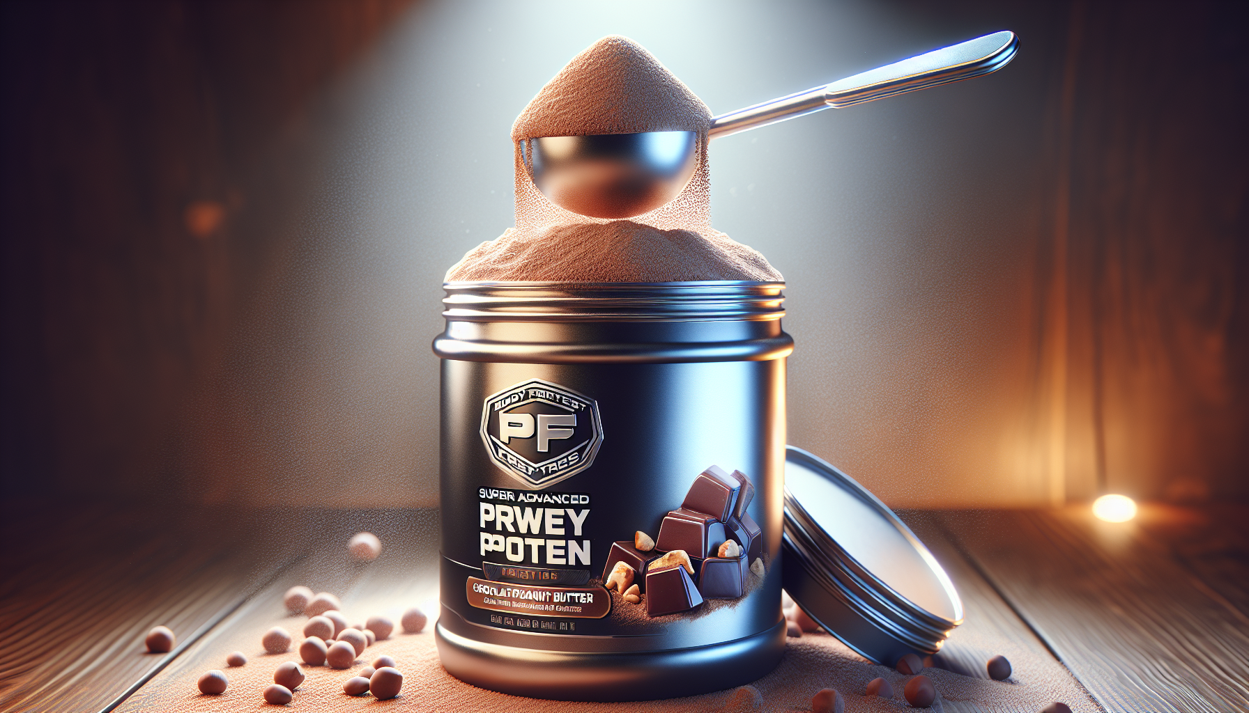 A scoop of chocolate peanut butter flavored Body Fortress Super Advanced Whey Protein Powder