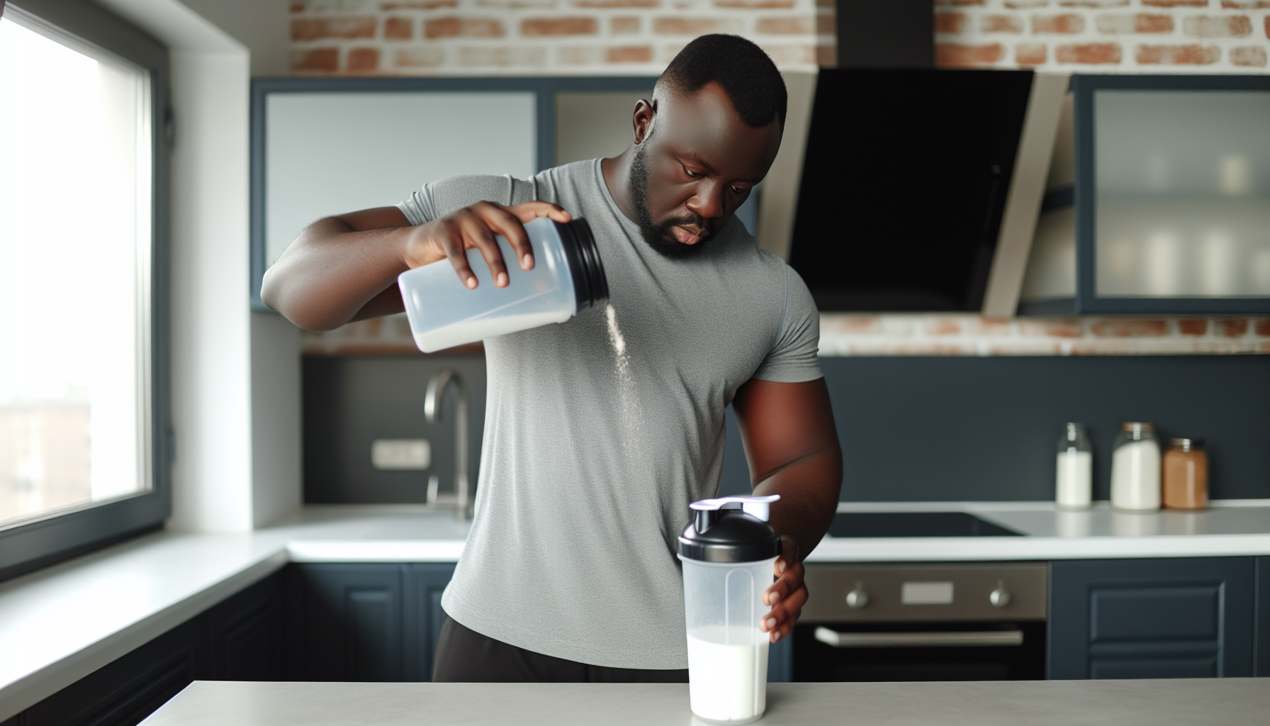 Person preparing a protein shake with Body Fortress Whey Protein